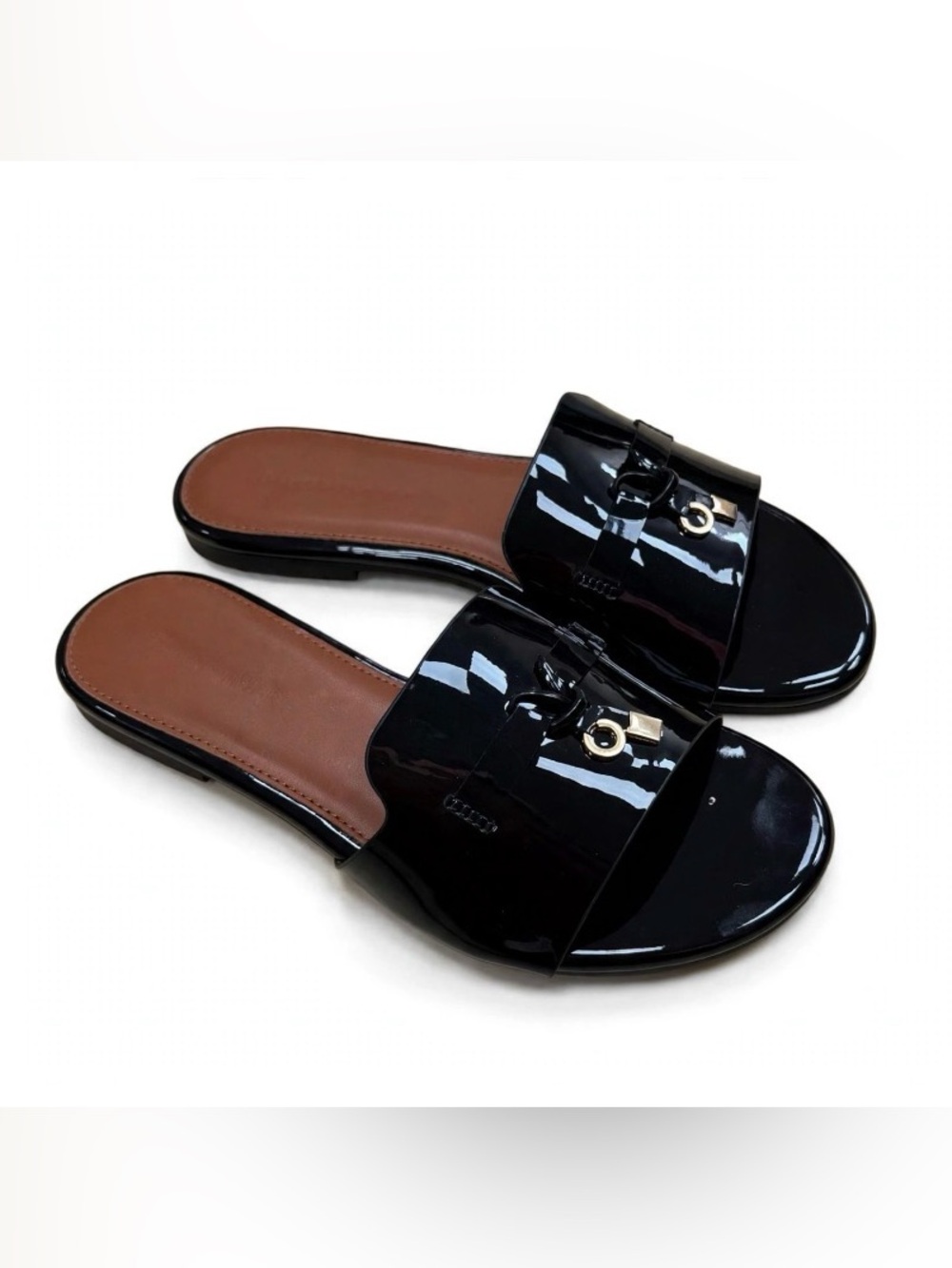 Patent Slide Sandals in Black - Women